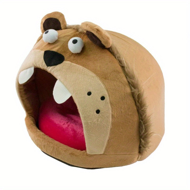 Cozy Roar Bear Plush Pet Bed - Soft Polar Fleece, Multicolor, Cartoon Bear Design with Large Eyes and Whiskers, Warm Snuggle Hideaway for Cats and Small Pets