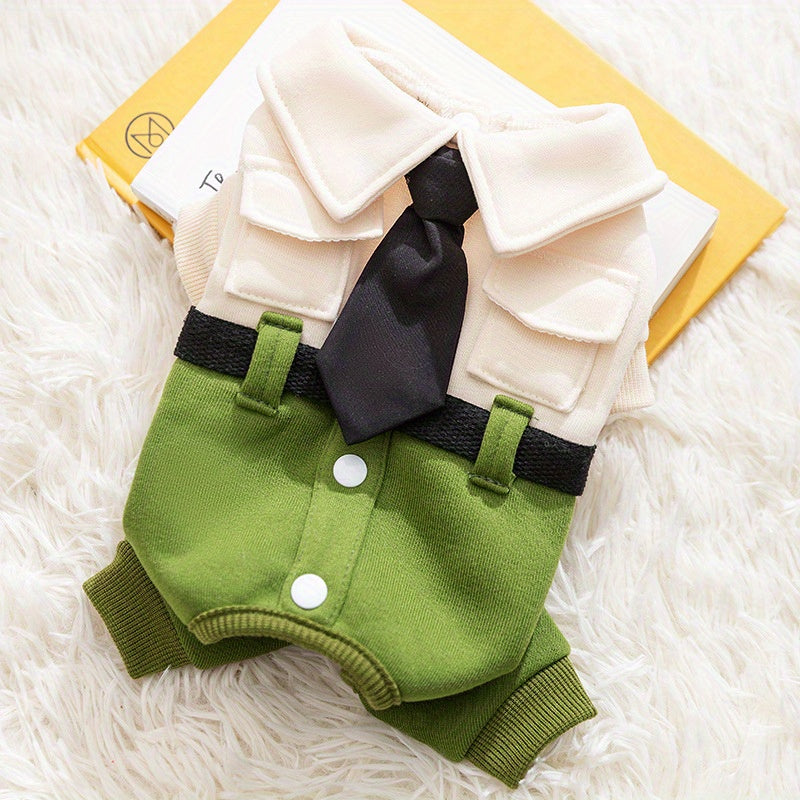 Cozy Fleece Dog Hoodie with Leash Attachment - Autumn & Winter Pet Uniform, Olive Green & Beige with Red Accents, Button-Up Collar, Pockets - Ideal for Small to Medium Dogs and Cats