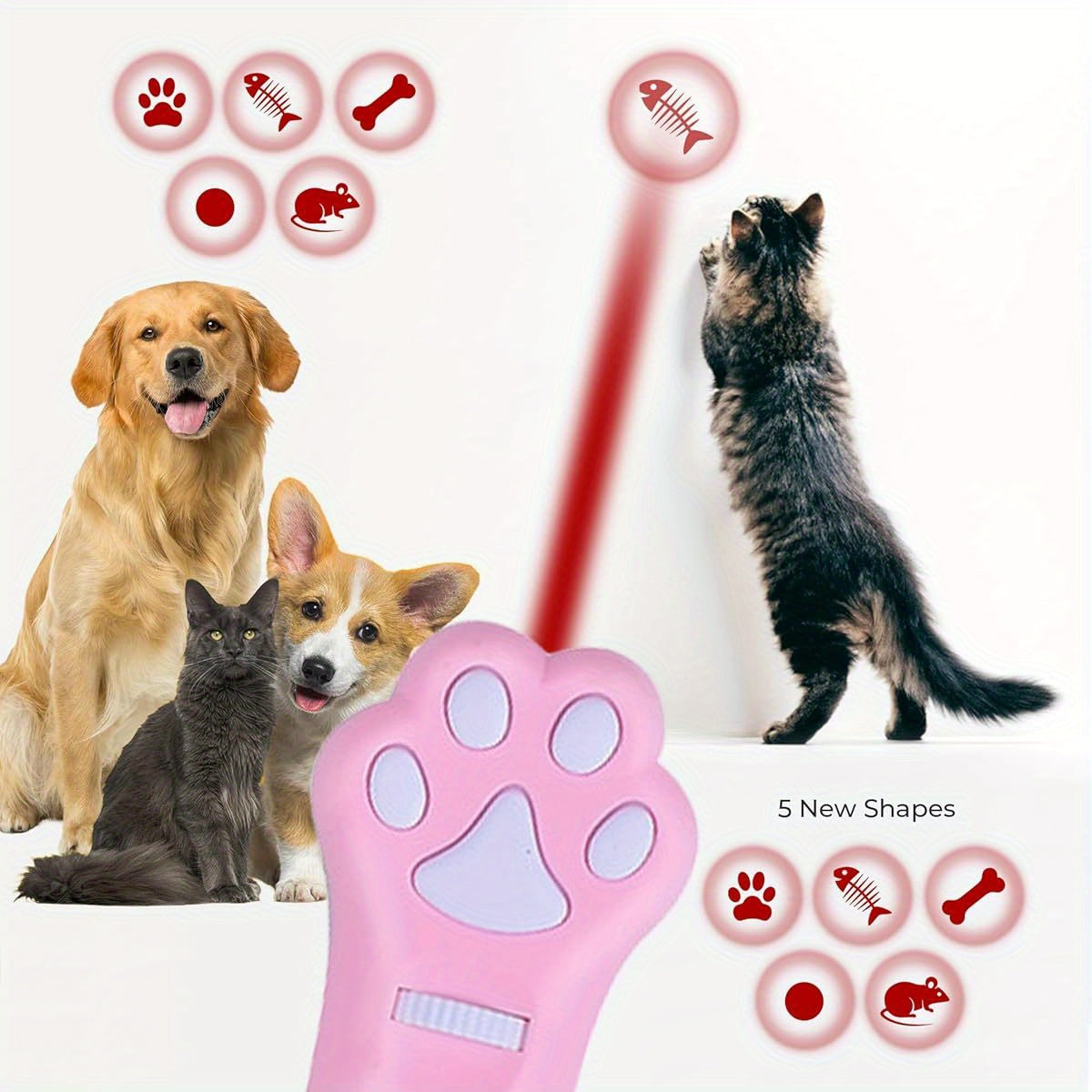 O' ANTOO Interactive Cat & Dog Toy Projector - 5 New Shapes (Paw Prints,, Feathers) Wall Projection for Indoor Play, No Batteries Needed, Pink, All Breeds & Sizes, Interactive Pet Toy, Playful Pet Design, Durable Plastic