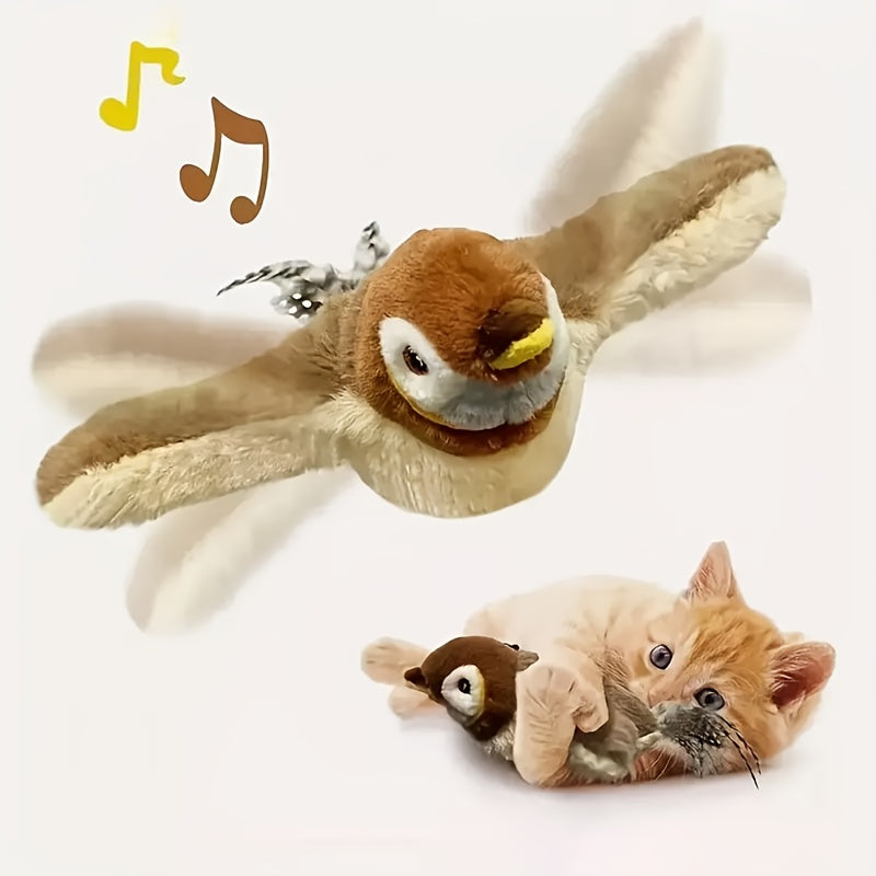 Interactive Flying Sparrow Cat Toy with Flapping Wings & Chirping Sounds - Motion-Activated by Touch, USB Soft Plush Bird Toy with Expressive Eyes & Safe Lithium Polymer Battery for Indoor\u002FOutdoor Play - Compatible with Kittens, Cats, Small Dogs - Re