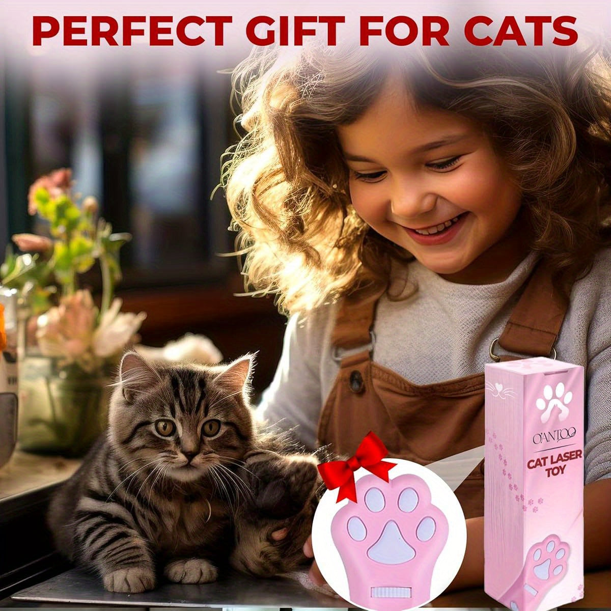 O' ANTOO Interactive Cat & Dog Toy Projector - 5 New Shapes (Paw Prints,, Feathers) Wall Projection for Indoor Play, No Batteries Needed, Pink, All Breeds & Sizes, Interactive Pet Toy, Playful Pet Design, Durable Plastic