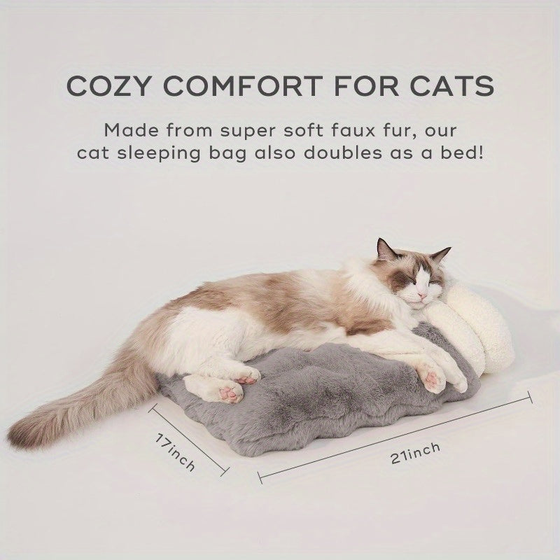 4-in-1 Cat Sleeping Bag & Cozy Cave - Plush Squirrel Fur-Lined Snuggle Bed for Small Pets up to 15 lbs, 21x17 Inch Warm Washable Blanket Mat, Grey Beige & White-Blue Mix for Cats, Puppies, Rabbits