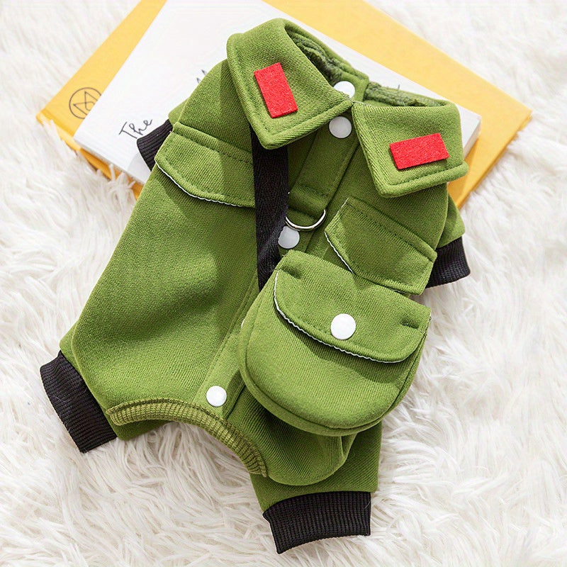 Cozy Fleece Dog Hoodie with Leash Attachment - Autumn & Winter Pet Uniform, Olive Green & Beige with Red Accents, Button-Up Collar, Pockets - Ideal for Small to Medium Dogs and Cats