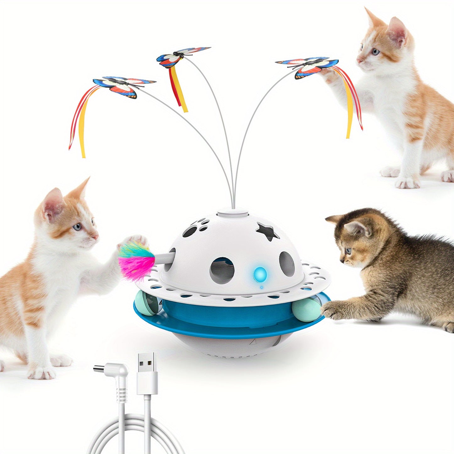 Smart Interactive Cat Toy 3-in-1 Smart Interactive Cat Toy - Random Moving Feather Balls, Shell Material, with 2 Replacing Fluttering Butterfly for Indoor Exercise