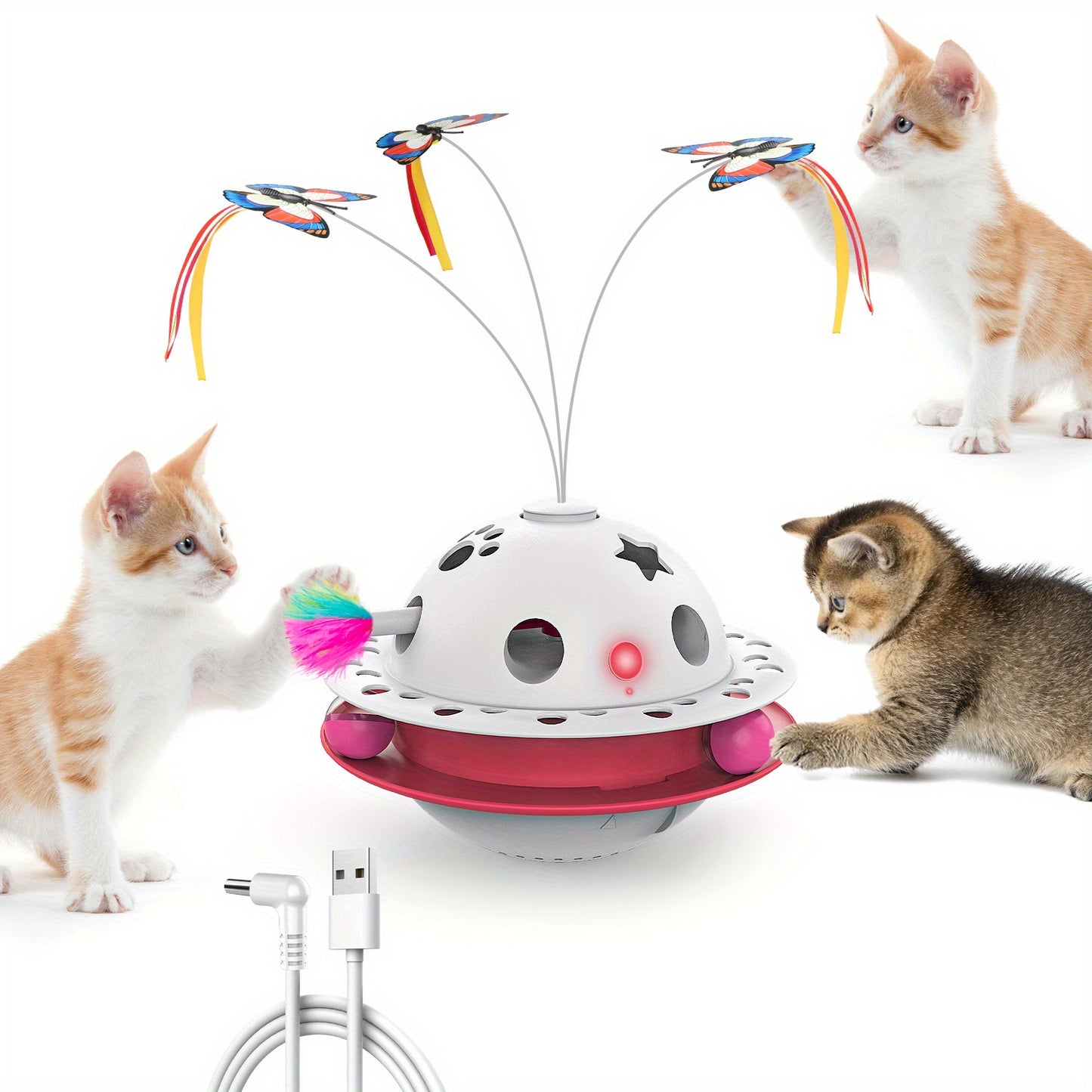 Smart Interactive Cat Toy 3-in-1 Smart Interactive Cat Toy - Random Moving Feather Balls, Shell Material, with 2 Replacing Fluttering Butterfly for Indoor Exercise