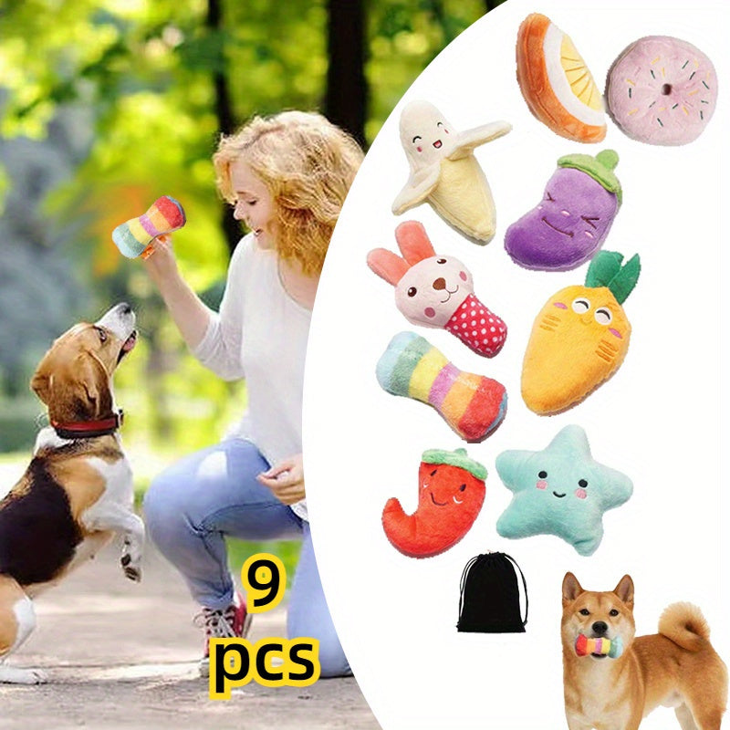9pcs Upgraded Pet Plush Toy Set Interactive Toys Highly Interactive Easy To Clean Strong Bite Resistance Teeth Cleaning Toys Chinchilla Toys Cute Multi-color Designs Suitable for Dogs Cats Hamsters and Other Pets