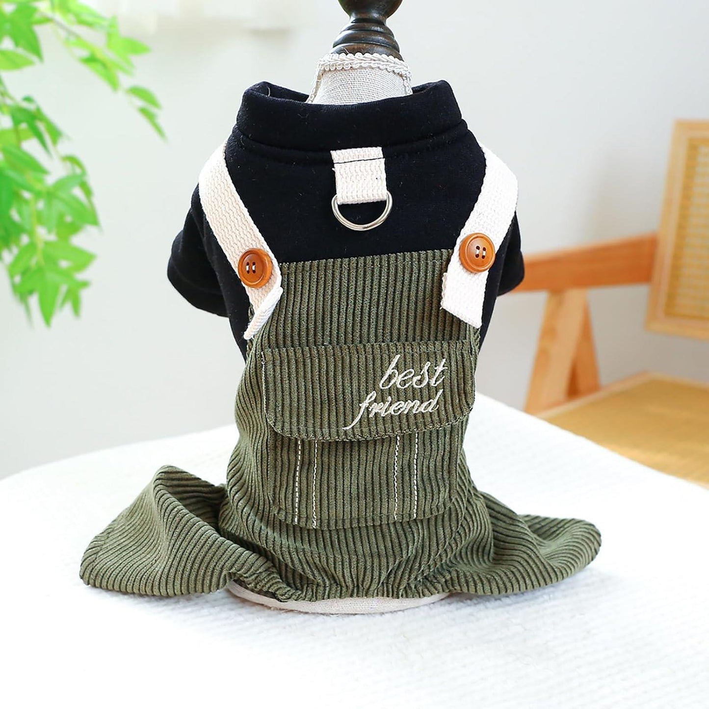 Dog One-Piece Outfit - Soft Corduroy Sweater & Overalls with Elastic Waist & Buckle Closure, Green\u002FBeige Striped Pattern, Warm Winter Clothes for Small Dogs Chihuahua Dachshund, Cozy Daily & Holiday Jumpsuit Costume
