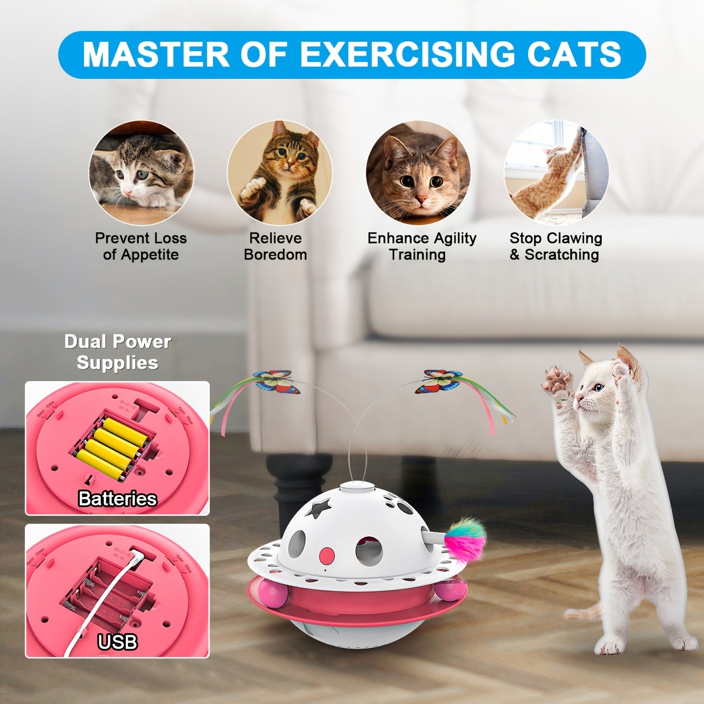 Smart Interactive Cat Toy 3-in-1 Smart Interactive Cat Toy - Random Moving Feather Balls, Shell Material, with 2 Replacing Fluttering Butterfly for Indoor Exercise