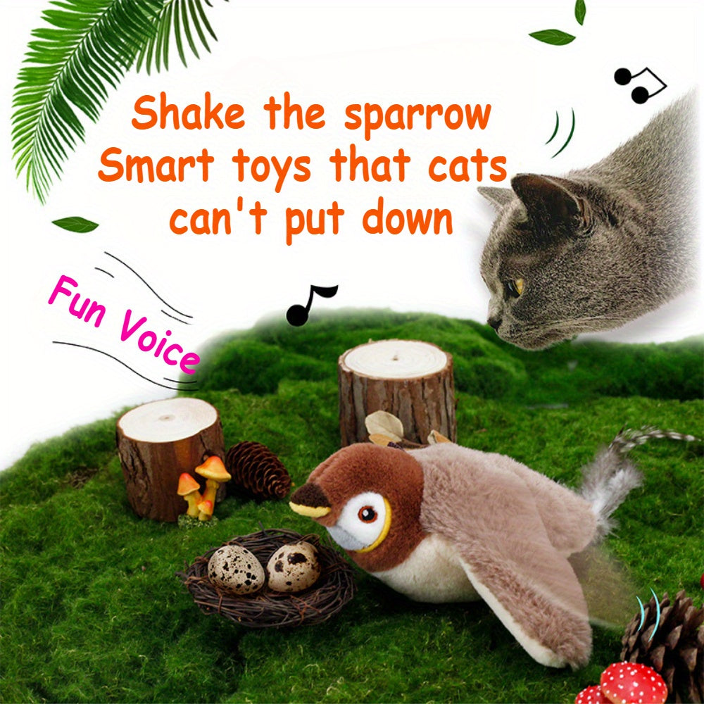 USB Charging Simulation Sparrow Cat Toy, Cat Self Entertainment Tool, Cat Dog Interactive Toy, Simulated Wing Flapping, Simulated Bird Calls, Suitable for Pet Households