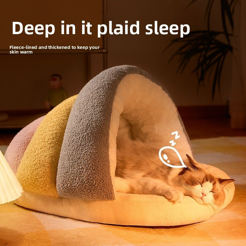 Cozy Cloud Velvet Pet Bed for Cats & Small Dogs - Semi-Enclosed Warm Slipper Nest with Plush Cushion, No Assembly Needed, Autumn Winter Home Decor