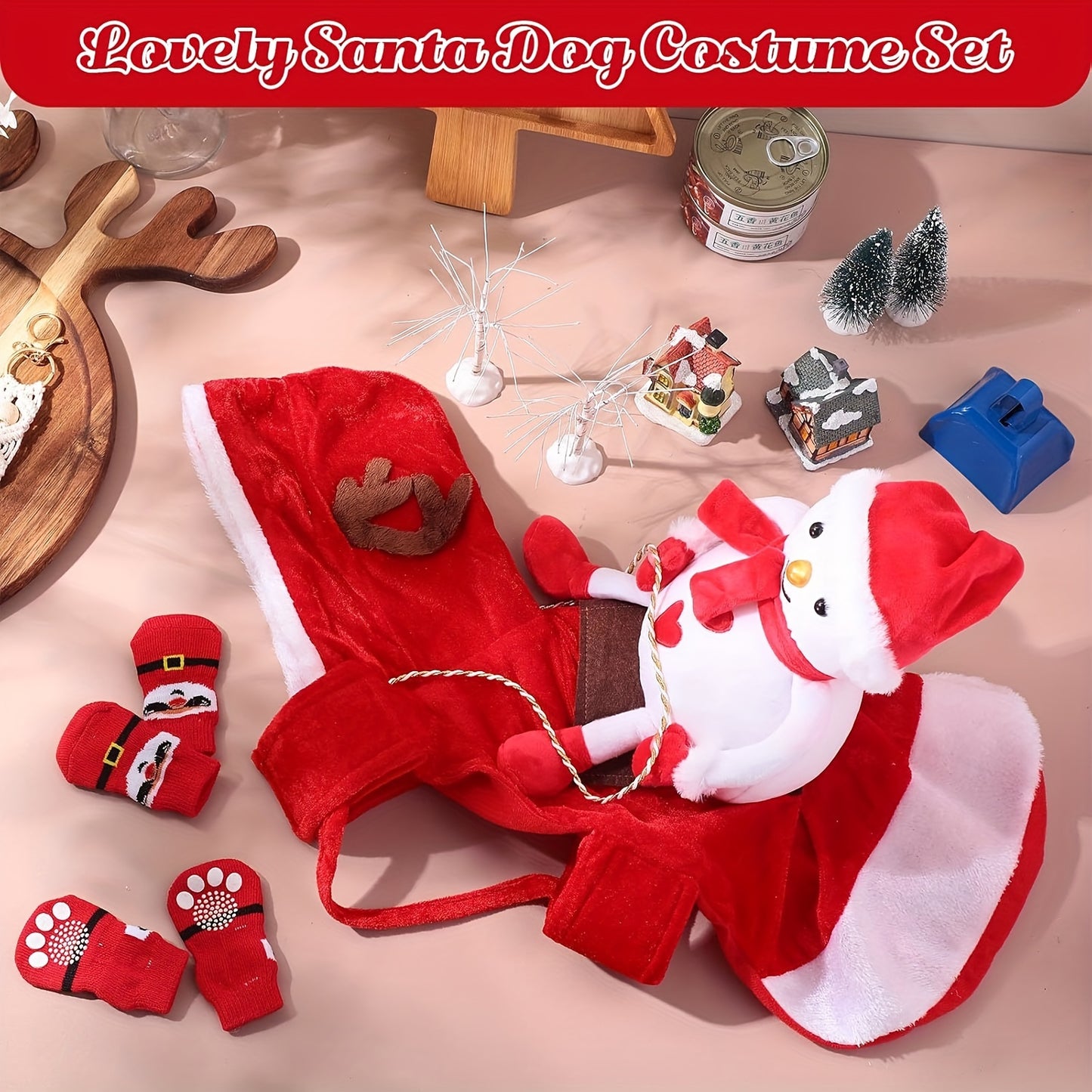 5pcs Christmas Dog Costume Set with Santa Hat & Socks - Red Festive Polyester Outfit with Closure, Hand Wash Only, Sizes S-2XL for Holiday Photos & Parties