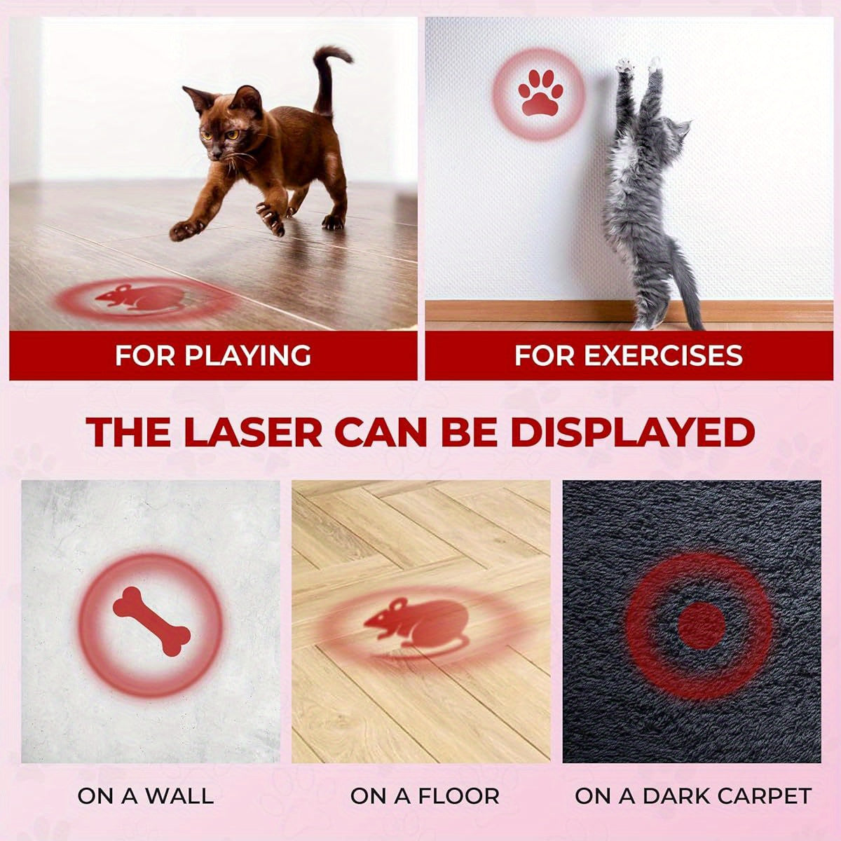 O' ANTOO Interactive Cat & Dog Toy Projector - 5 New Shapes (Paw Prints,, Feathers) Wall Projection for Indoor Play, No Batteries Needed, Pink, All Breeds & Sizes, Interactive Pet Toy, Playful Pet Design, Durable Plastic