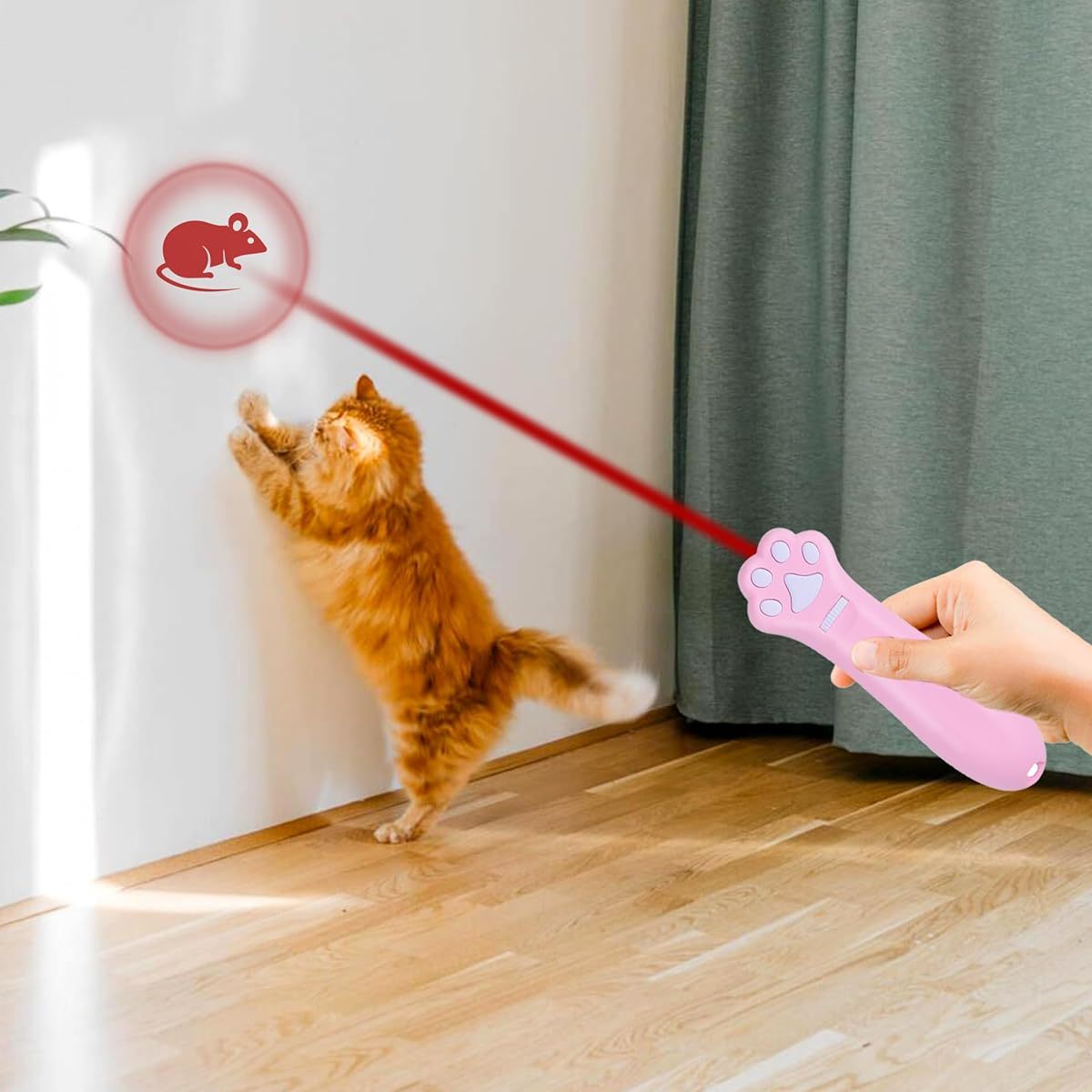 O' ANTOO Interactive Cat & Dog Toy Projector - 5 New Shapes (Paw Prints,, Feathers) Wall Projection for Indoor Play, No Batteries Needed, Pink, All Breeds & Sizes, Interactive Pet Toy, Playful Pet Design, Durable Plastic