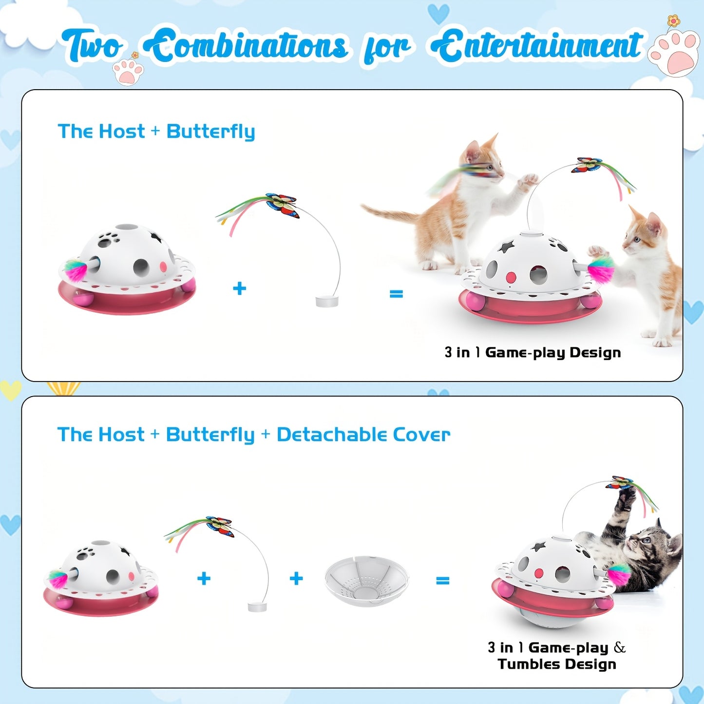 Smart Interactive Cat Toy 3-in-1 Smart Interactive Cat Toy - Random Moving Feather Balls, Shell Material, with 2 Replacing Fluttering Butterfly for Indoor Exercise