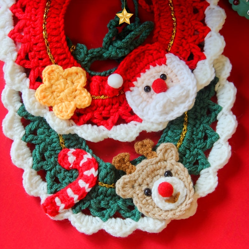 4pcs Christmas Dog & Cat Handmade Knit Collar, Adjustable Handmade Knit Cat Saliva Bib, Christmas Dog Collars For Medium Dogs, Festive Pattern Collar For Kitten & Puppy, Crochet Cat Bib For Small To Medium Cats & Dogs