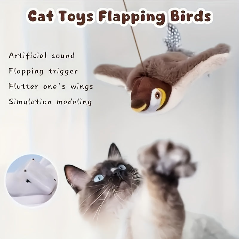Interactive Flying Sparrow Cat Toy with Flapping Wings & Chirping Sounds - Motion-Activated by Touch, USB Soft Plush Bird Toy with Expressive Eyes & Safe Lithium Polymer Battery for Indoor\u002FOutdoor Play - Compatible with Kittens, Cats, Small Dogs - Re