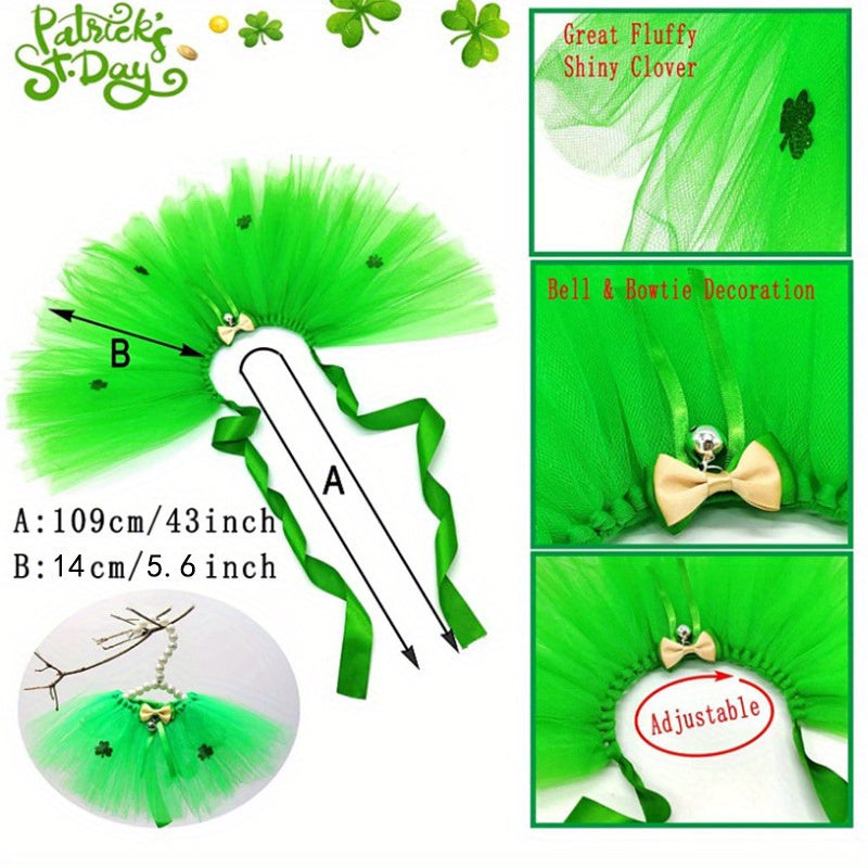 St. Patrick'S Day Dog Ballet Lace Skirt Bow Clover Headband Set, Suitable for Irish Festival Pet 2pcs Set (Skirt+Headband), Festival Gift, Festival Atmosphere, Without Battery