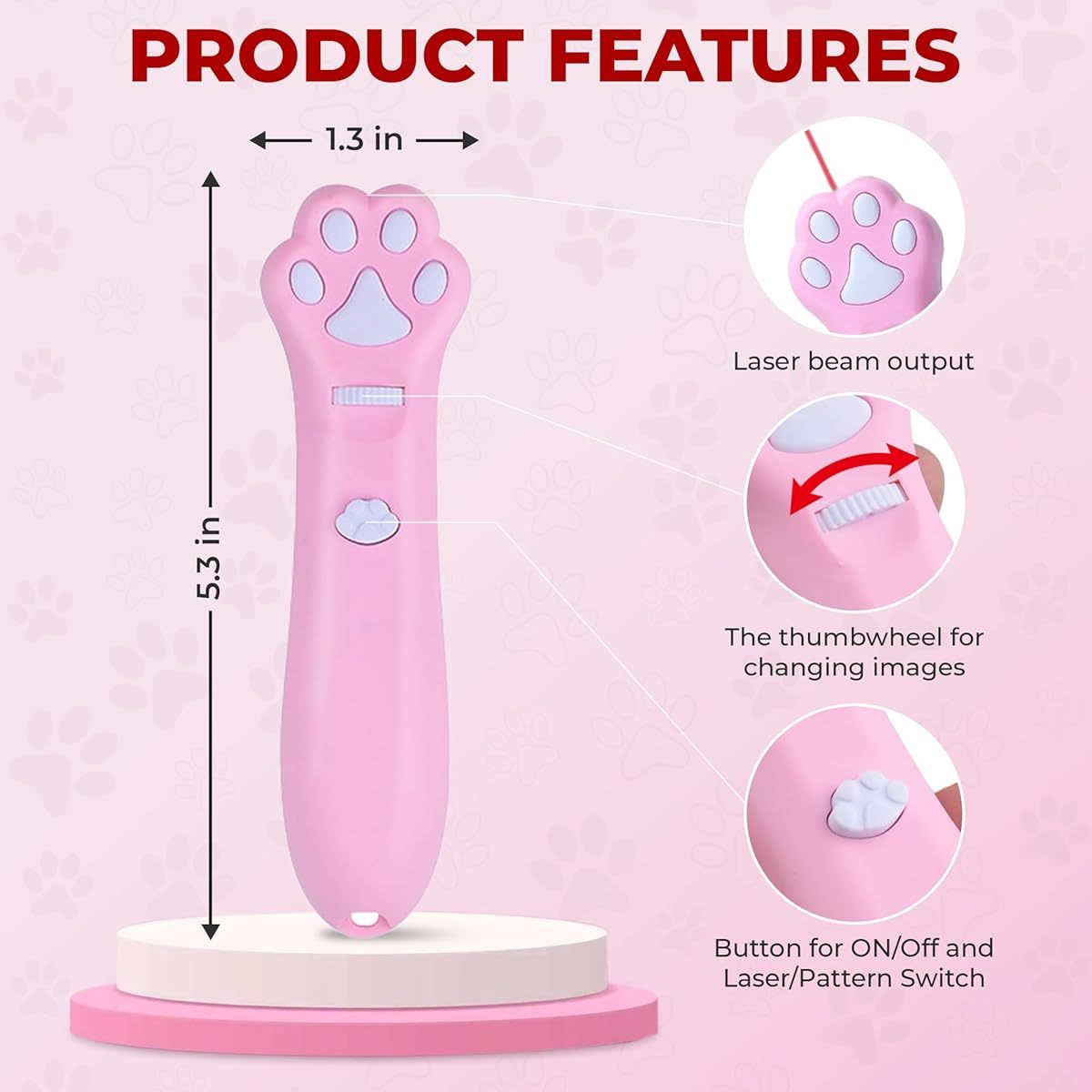 O' ANTOO Interactive Cat & Dog Toy Projector - 5 New Shapes (Paw Prints,, Feathers) Wall Projection for Indoor Play, No Batteries Needed, Pink, All Breeds & Sizes, Interactive Pet Toy, Playful Pet Design, Durable Plastic
