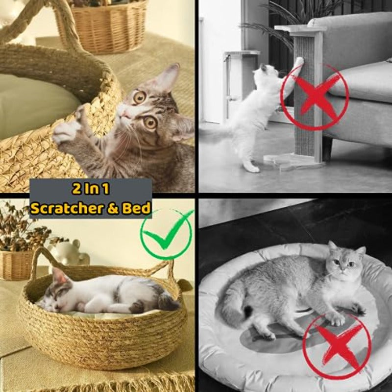 Natural Cat Bed Straw Nest Woven Pet House Handmade Braided Cattail Leaf with Soft Cushion 17 x 17 Inches