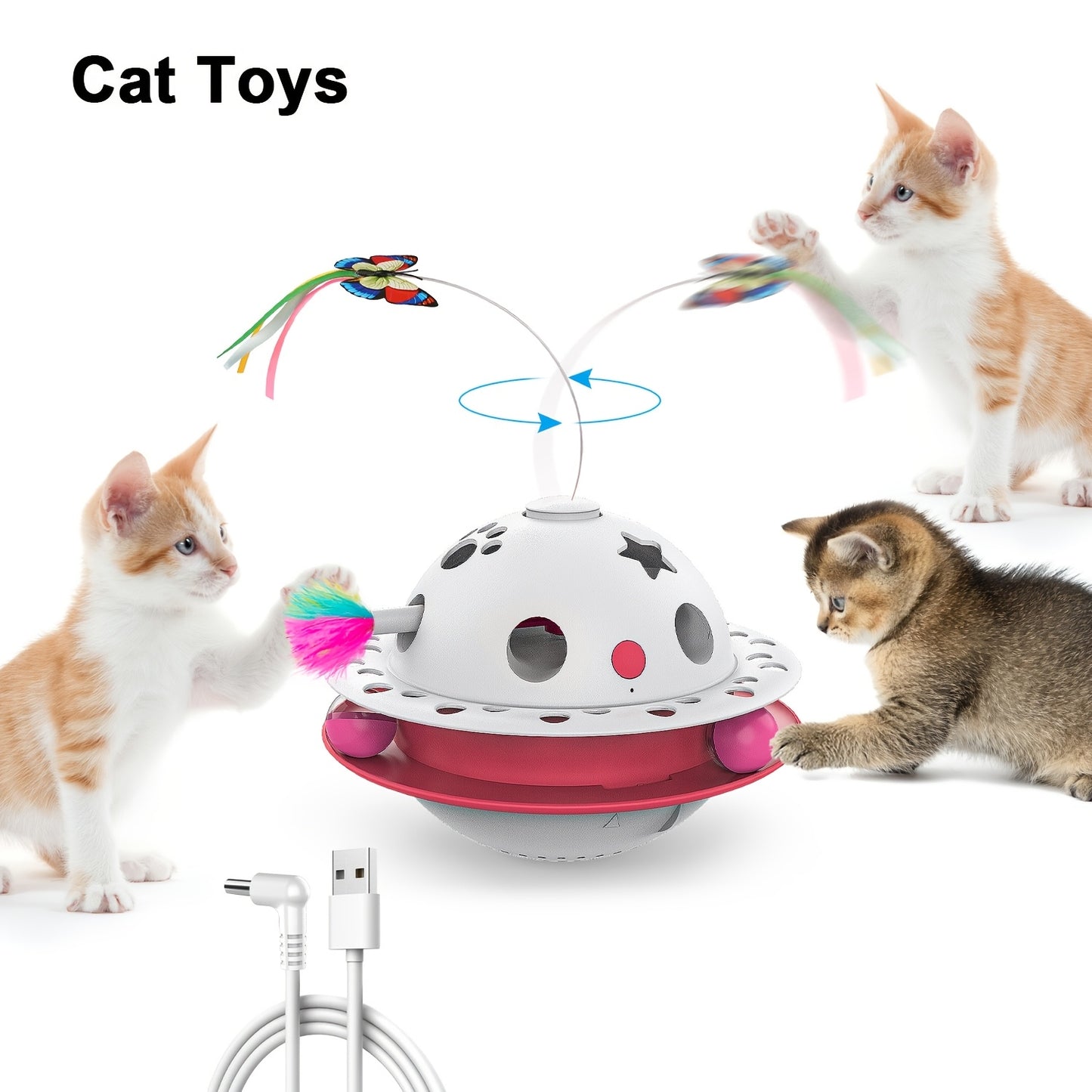 Smart Interactive Cat Toy 3-in-1 Smart Interactive Cat Toy - Random Moving Feather Balls, Shell Material, with 2 Replacing Fluttering Butterfly for Indoor Exercise