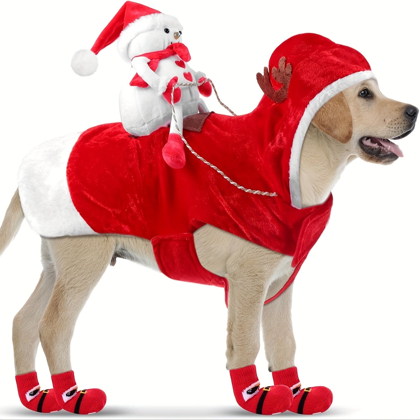 5pcs Christmas Dog Costume Set with Santa Hat & Socks - Red Festive Polyester Outfit with Closure, Hand Wash Only, Sizes S-2XL for Holiday Photos & Parties