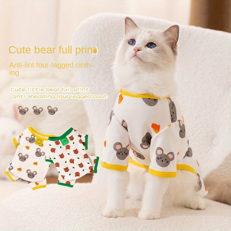 Winter Warm Cat Clothes De Rong Pet Four-Legged Clothes Cute Full Print Home Clothes Small Dog Thin Fleece Pet Apparel