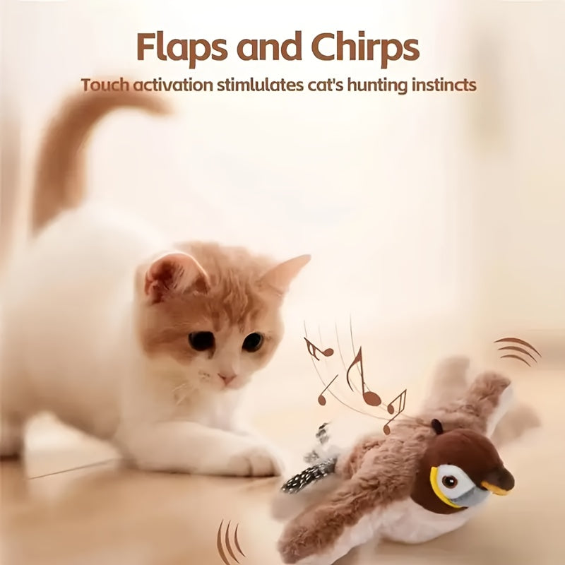 Interactive Flying Sparrow Cat Toy with Flapping Wings & Chirping Sounds - Motion-Activated by Touch, USB Soft Plush Bird Toy with Expressive Eyes & Safe Lithium Polymer Battery for Indoor\u002FOutdoor Play - Compatible with Kittens, Cats, Small Dogs - Re