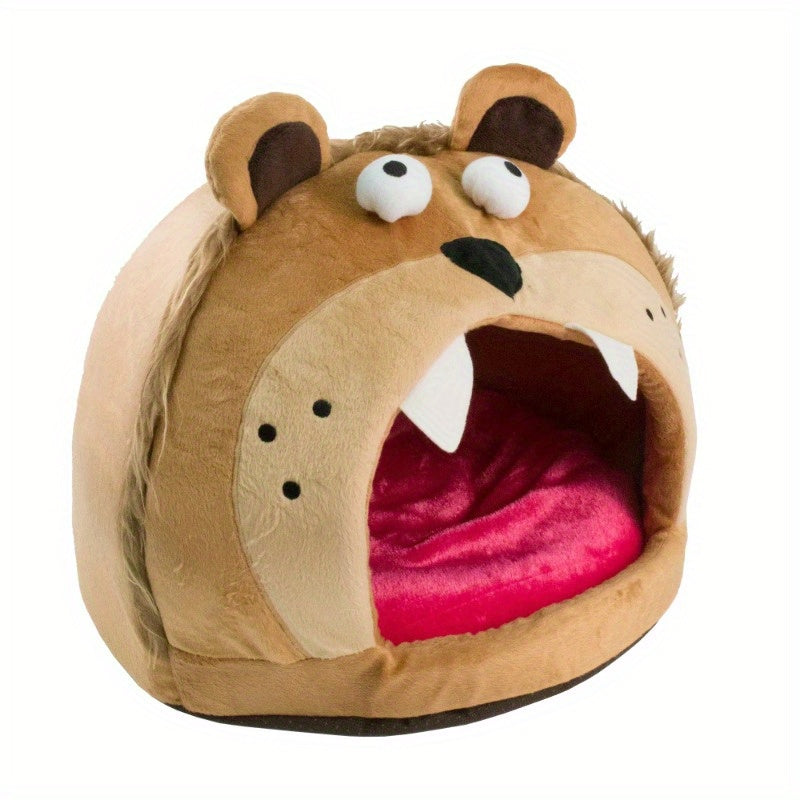 Cozy Roar Bear Plush Pet Bed - Soft Polar Fleece, Multicolor, Cartoon Bear Design with Large Eyes and Whiskers, Warm Snuggle Hideaway for Cats and Small Pets