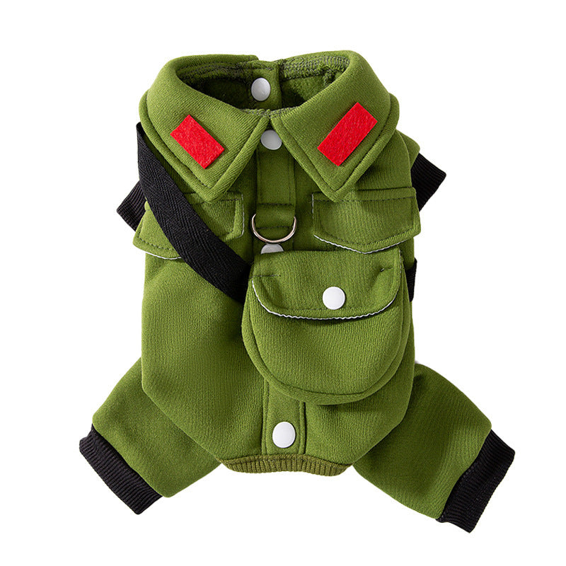 Cozy Fleece Dog Hoodie with Leash Attachment - Autumn & Winter Pet Uniform, Olive Green & Beige with Red Accents, Button-Up Collar, Pockets - Ideal for Small to Medium Dogs and Cats