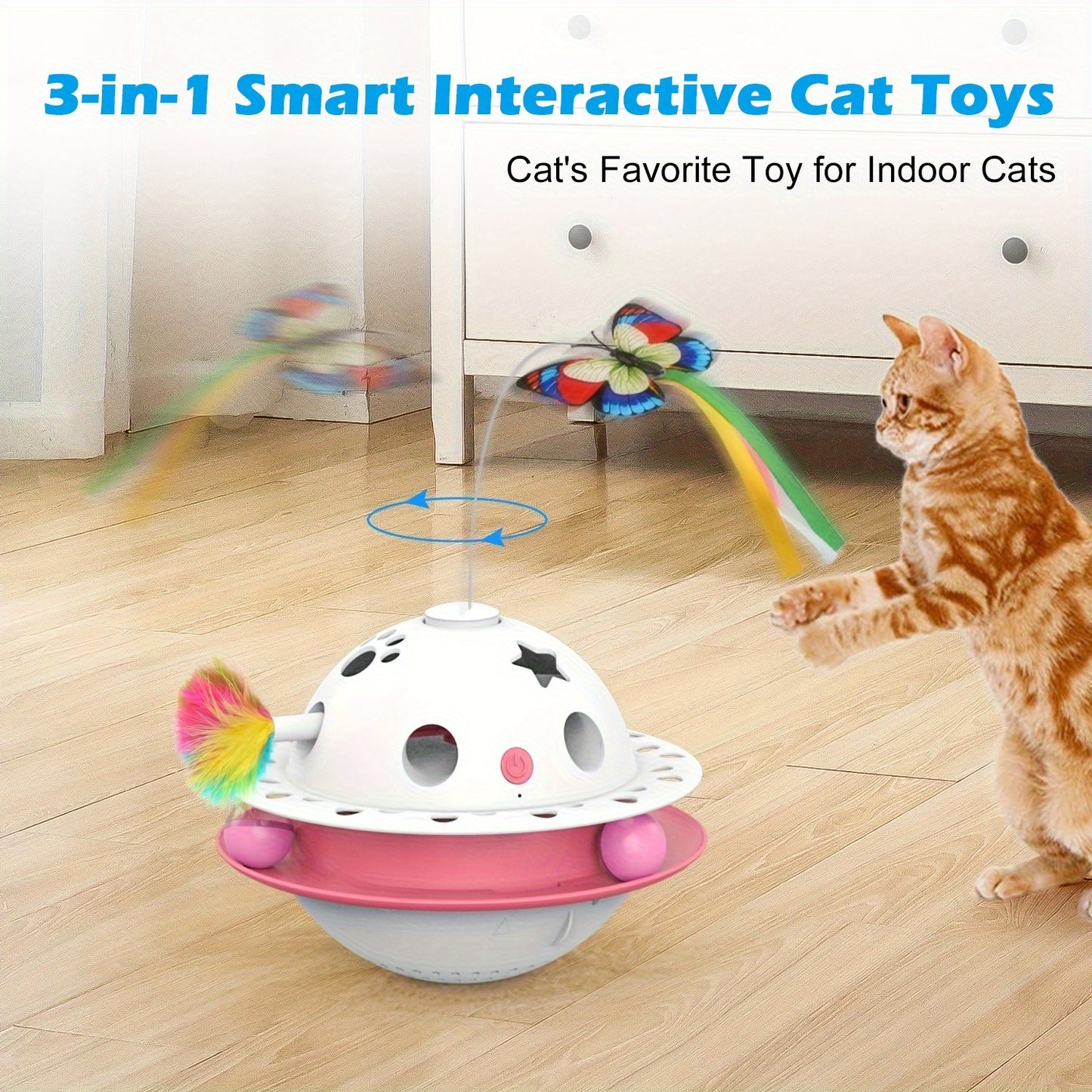 Smart Interactive Cat Toy 3-in-1 Smart Interactive Cat Toy - Random Moving Feather Balls, Shell Material, with 2 Replacing Fluttering Butterfly for Indoor Exercise