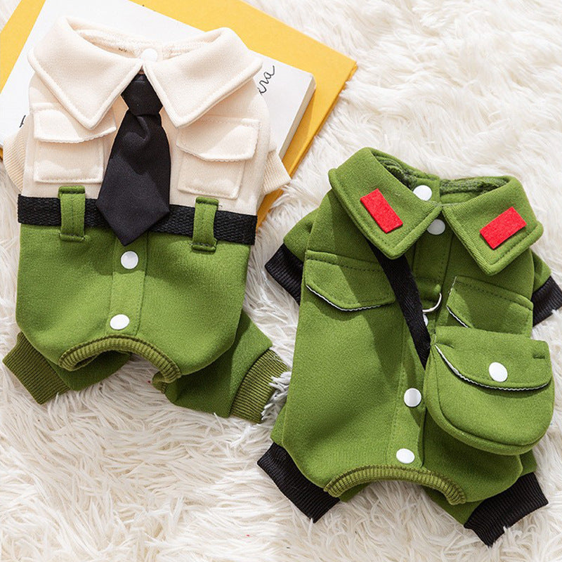 Cozy Fleece Dog Hoodie with Leash Attachment - Autumn & Winter Pet Uniform, Olive Green & Beige with Red Accents, Button-Up Collar, Pockets - Ideal for Small to Medium Dogs and Cats