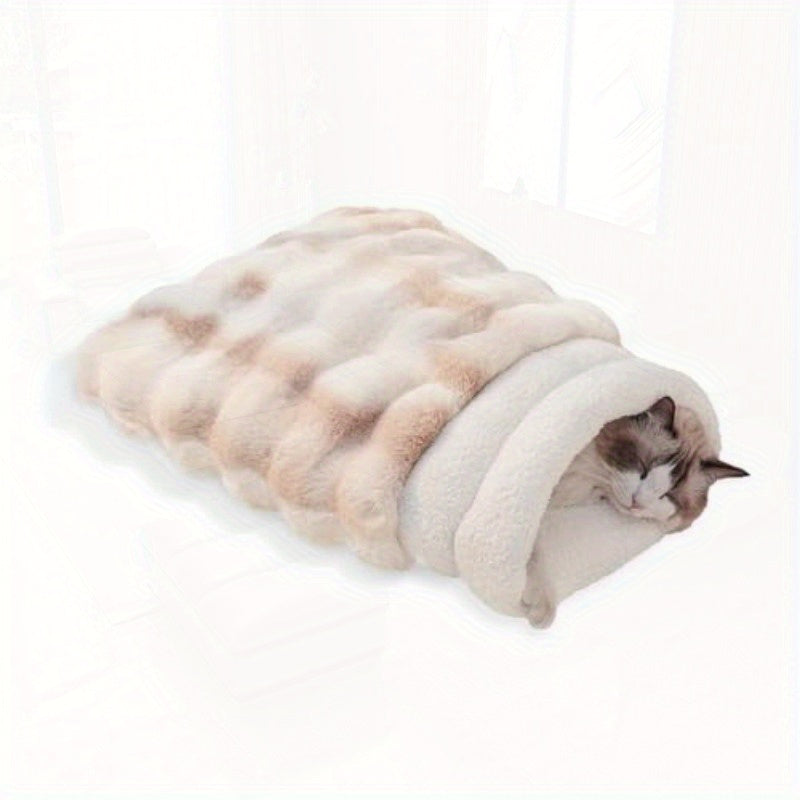 4-in-1 Self-Warming Plush Cat Bed & Cave - 21x17 Inch Cozy Sleeping Bag for Small Pets up to 15 lbs, Portable Pet Bed for Cats, Puppies, Rabbits - White, Cat Furniture Bed, Semienclosed Design, Fluffy Interior, Rabbit Lovers