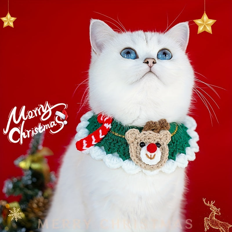 4pcs Christmas Dog & Cat Handmade Knit Collar, Adjustable Handmade Knit Cat Saliva Bib, Christmas Dog Collars For Medium Dogs, Festive Pattern Collar For Kitten & Puppy, Crochet Cat Bib For Small To Medium Cats & Dogs