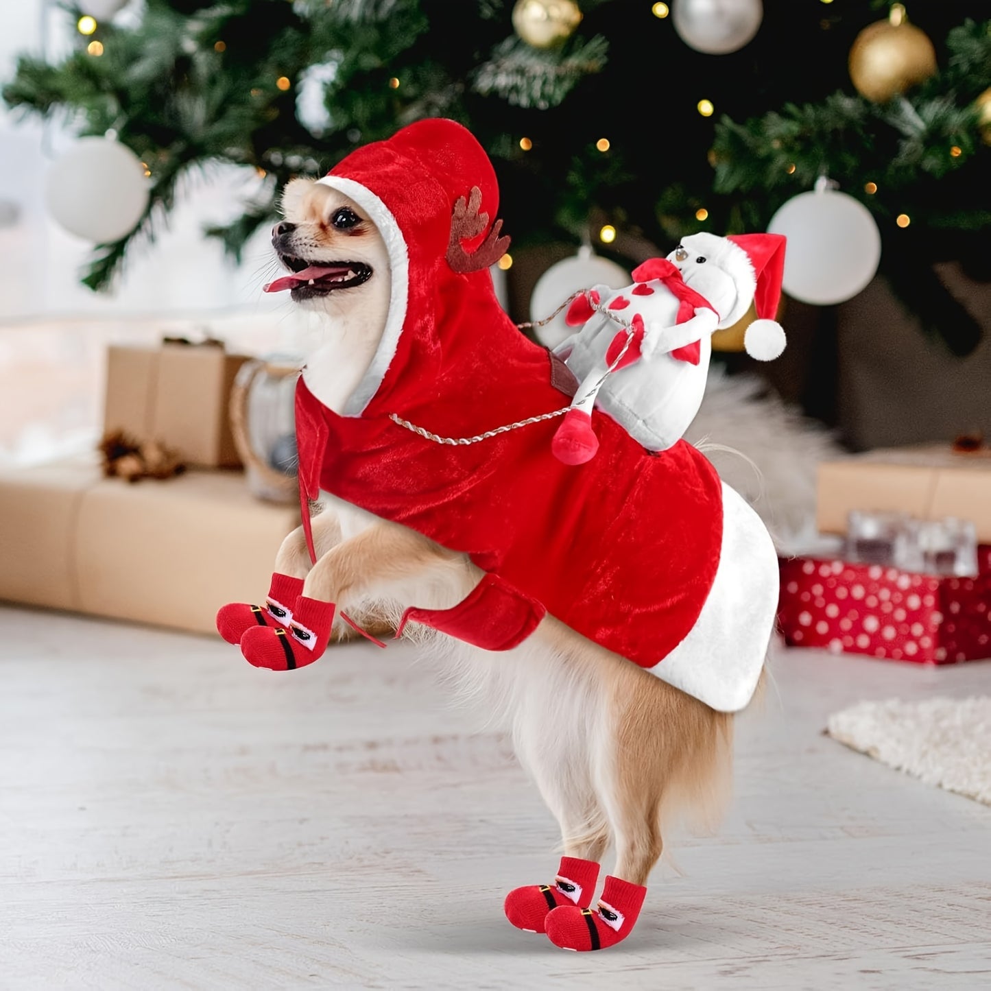 5pcs Christmas Dog Costume Set with Santa Hat & Socks - Red Festive Polyester Outfit with Closure, Hand Wash Only, Sizes S-2XL for Holiday Photos & Parties