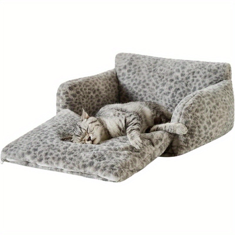 Fluffy Plush Cat Bed with a Multifunctional Double-Layer Design, Soft Orthopedic Sofa Nest for Small Cats And Dogs, Featuring a Snow Leopard Pattern, Measuring 21X15X8 Inches.