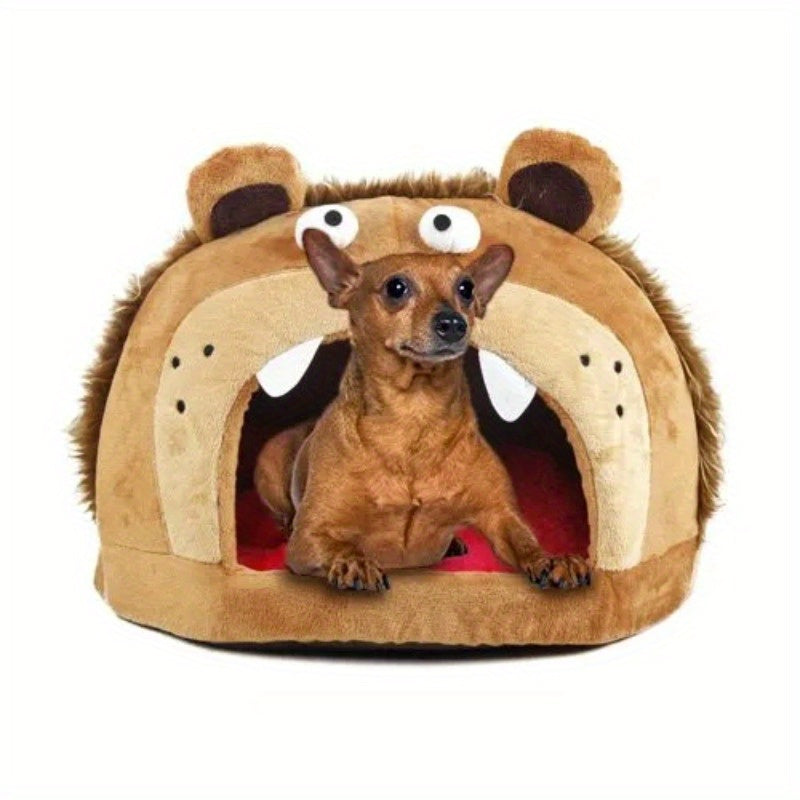 Cozy Roar Bear Plush Pet Bed - Soft Polar Fleece, Multicolor, Cartoon Bear Design with Large Eyes and Whiskers, Warm Snuggle Hideaway for Cats and Small Pets