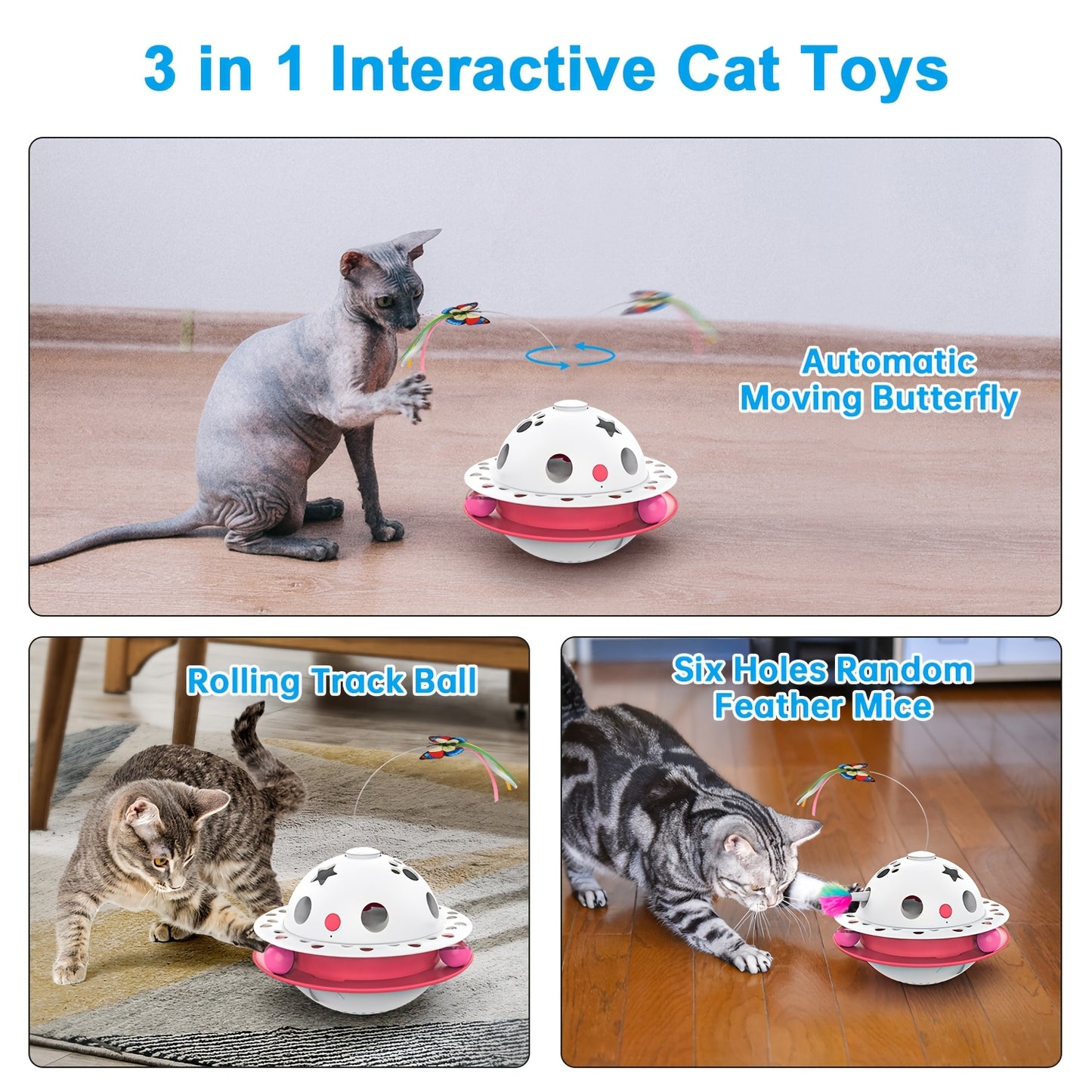 Smart Interactive Cat Toy 3-in-1 Smart Interactive Cat Toy - Random Moving Feather Balls, Shell Material, with 2 Replacing Fluttering Butterfly for Indoor Exercise