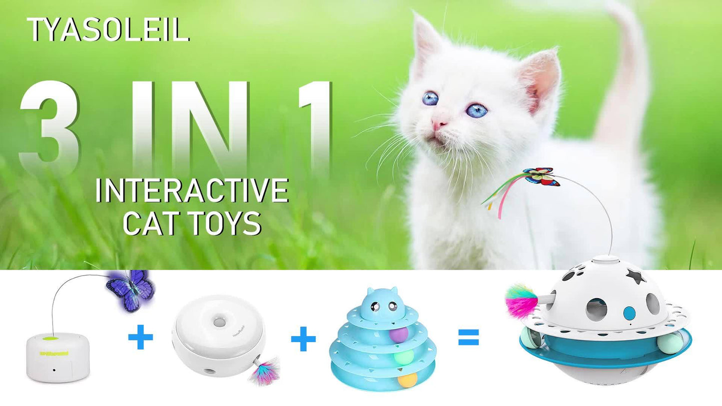 Smart Interactive Cat Toy 3-in-1 Smart Interactive Cat Toy - Random Moving Feather Balls, Shell Material, with 2 Replacing Fluttering Butterfly for Indoor Exercise
