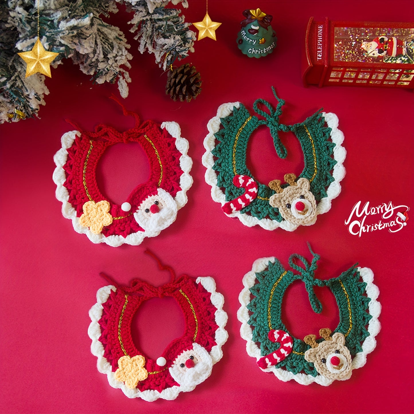 4pcs Christmas Dog & Cat Handmade Knit Collar, Adjustable Handmade Knit Cat Saliva Bib, Christmas Dog Collars For Medium Dogs, Festive Pattern Collar For Kitten & Puppy, Crochet Cat Bib For Small To Medium Cats & Dogs