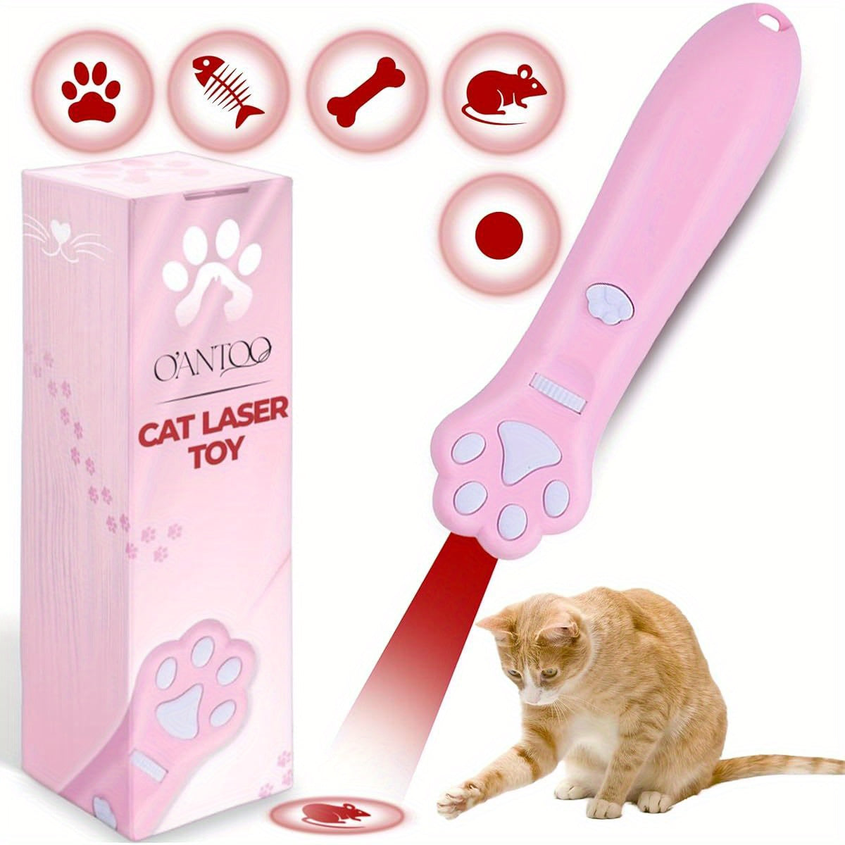 O' ANTOO Interactive Cat & Dog Toy Projector - 5 New Shapes (Paw Prints,, Feathers) Wall Projection for Indoor Play, No Batteries Needed, Pink, All Breeds & Sizes, Interactive Pet Toy, Playful Pet Design, Durable Plastic