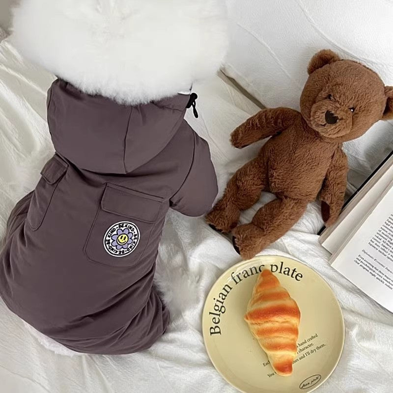 Autumn And Winter Pet Clothes Sunflower Hooded Four-Legged Traction -Padded Coat Teddy Bichon Small And Medium-Sized Dog Clothes