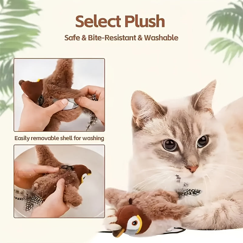 Interactive Flying Sparrow Cat Toy with Flapping Wings & Chirping Sounds - Motion-Activated by Touch, USB Soft Plush Bird Toy with Expressive Eyes & Safe Lithium Polymer Battery for Indoor\u002FOutdoor Play - Compatible with Kittens, Cats, Small Dogs - Re