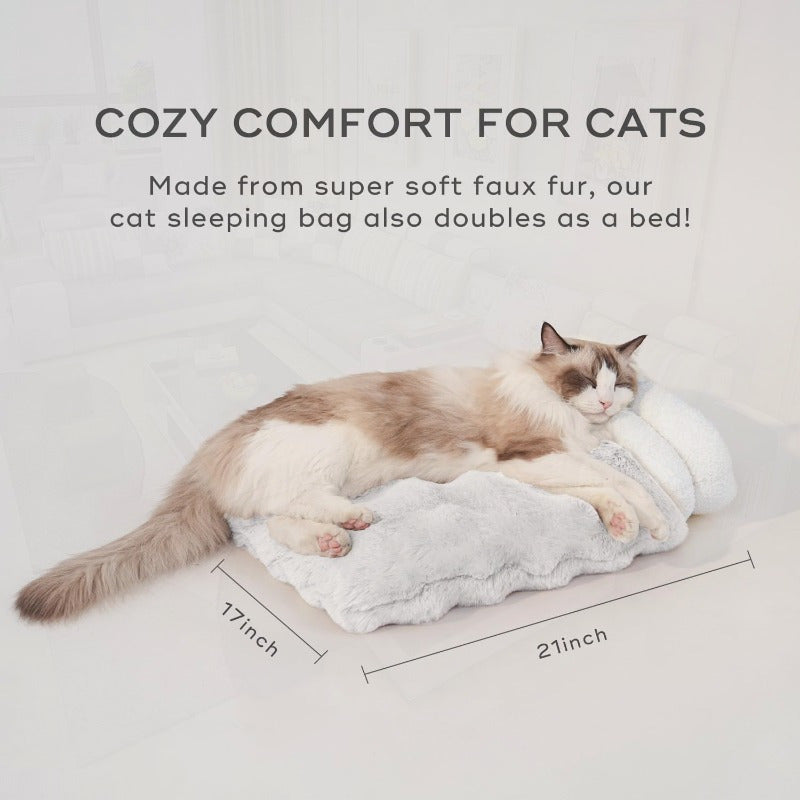 4-in-1 Self-Warming Plush Cat Bed & Cave - 21x17 Inch Cozy Sleeping Bag for Small Pets up to 15 lbs, Portable Pet Bed for Cats, Puppies, Rabbits - White, Cat Furniture Bed, Semienclosed Design, Fluffy Interior, Rabbit Lovers