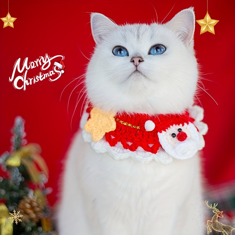 4pcs Christmas Dog & Cat Handmade Knit Collar, Adjustable Handmade Knit Cat Saliva Bib, Christmas Dog Collars For Medium Dogs, Festive Pattern Collar For Kitten & Puppy, Crochet Cat Bib For Small To Medium Cats & Dogs