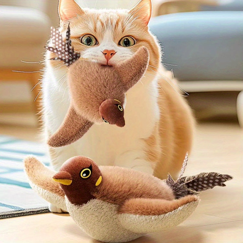 Interactive Flying Sparrow Cat Toy with Flapping Wings & Chirping Sounds - Motion-Activated by Touch, USB Soft Plush Bird Toy with Expressive Eyes & Safe Lithium Polymer Battery for Indoor\u002FOutdoor Play - Compatible with Kittens, Cats, Small Dogs - Re