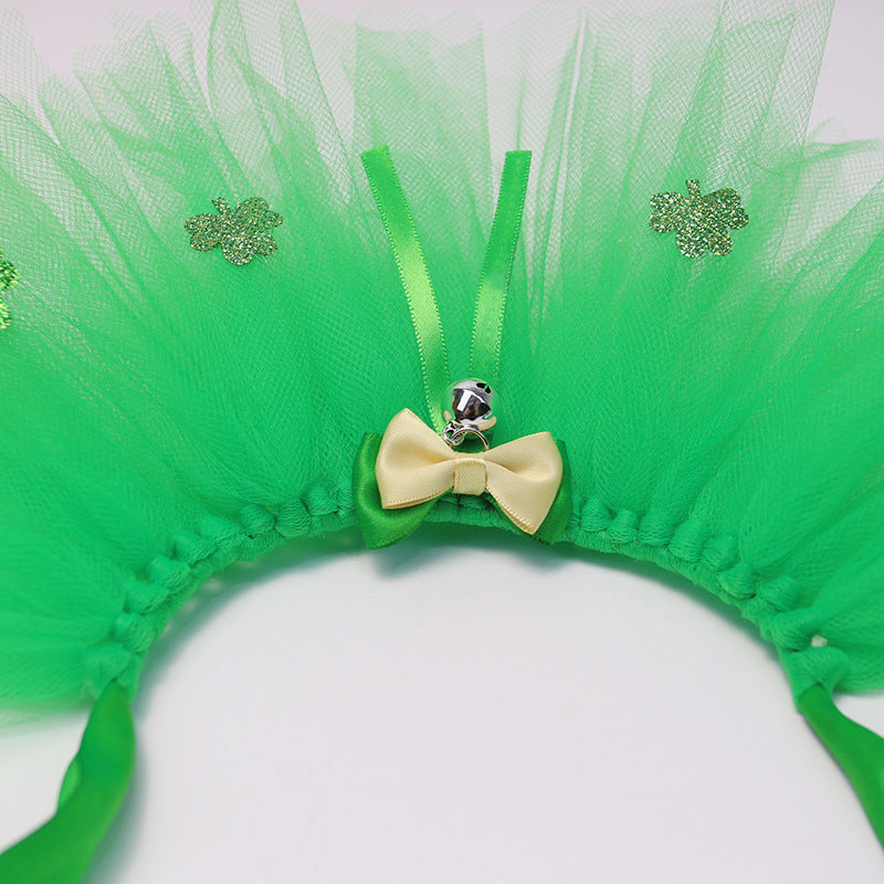 St. Patrick'S Day Dog Ballet Lace Skirt Bow Clover Headband Set, Suitable for Irish Festival Pet 2pcs Set (Skirt+Headband), Festival Gift, Festival Atmosphere, Without Battery