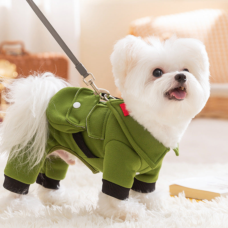 Cozy Fleece Dog Hoodie with Leash Attachment - Autumn & Winter Pet Uniform, Olive Green & Beige with Red Accents, Button-Up Collar, Pockets - Ideal for Small to Medium Dogs and Cats