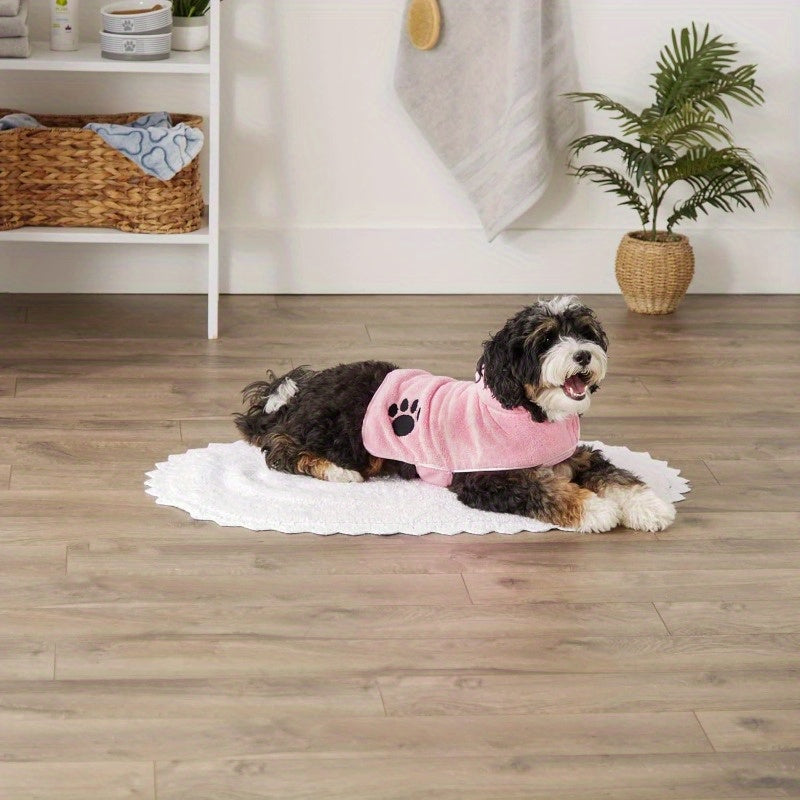 Pet Robe Collection Embroidered Absorbent Microfiber Bath Robe with Adjustable Closure - Soft Terry Multi-Use Towel for Dogs & Cats, 20x14 Inch, Machine Washable, Pink, Bathrobe, Decorative Paw Design, Durable Petwear