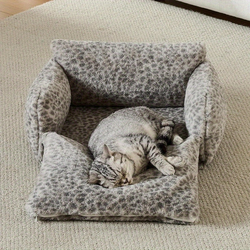 Fluffy Plush Cat Bed with a Multifunctional Double-Layer Design, Soft Orthopedic Sofa Nest for Small Cats And Dogs, Featuring a Snow Leopard Pattern, Measuring 21X15X8 Inches.
