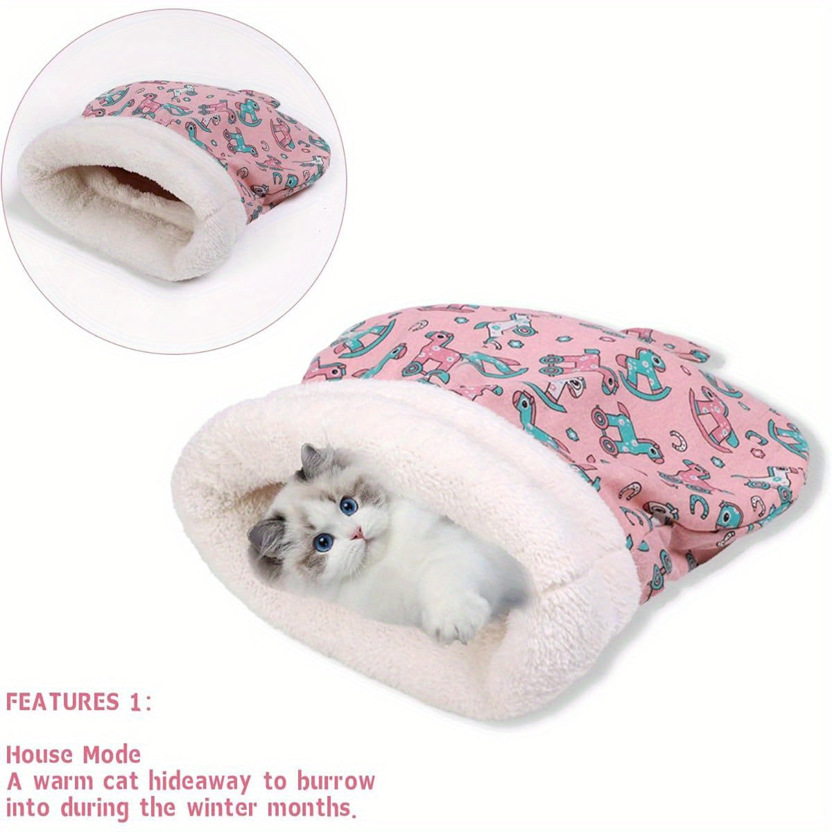 Self-Warming Cat Bed - Winter Warmth, Soft Plush Interior & Outer layer, Chew-Resistant Pet Sleeping Bag for Indoor Cats - Cozy Cave Bed, Pink for Small\u002FMedium Breeds, Small Cat Bed, Whimsical Animal Prints, Durable Polyester Fiber
